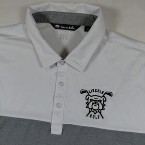 TravisMathew Mens XL Lincoln Golf Bulldog Logo Colorblock Polo Shirt White Gray‎